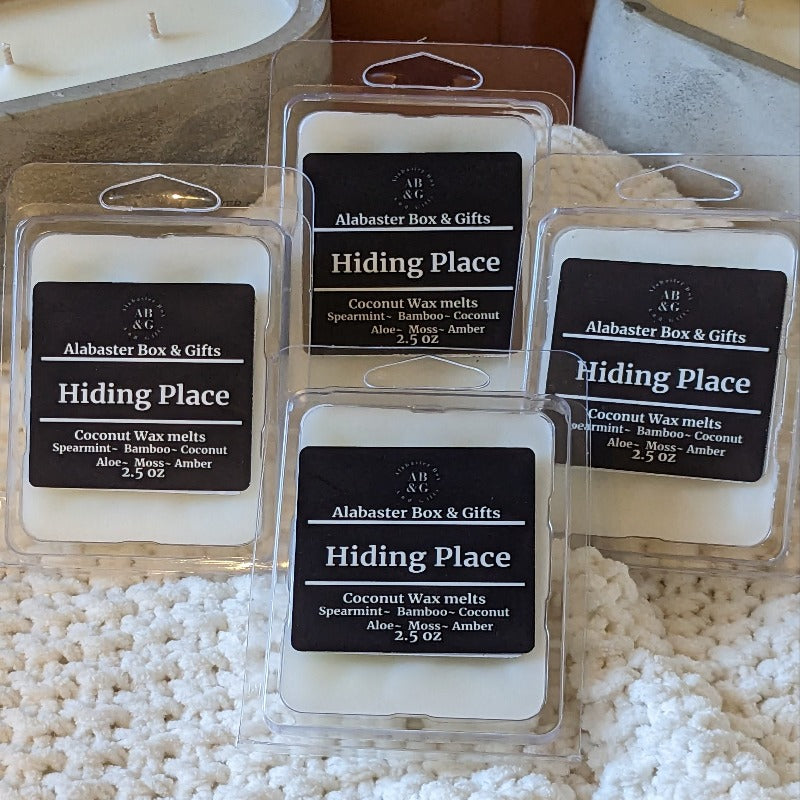Hiding Place Luxurious Coconut wax melts. Notes of Spearmint~ Bamboo~ Coconut~ Aloe~ Moss~ Amber