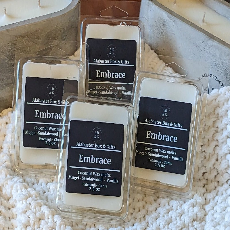Embrace: Luxurious Coconut wax melts. Muguet~ Sandalwood~ Vanilla~ Patchouli~ Citrus